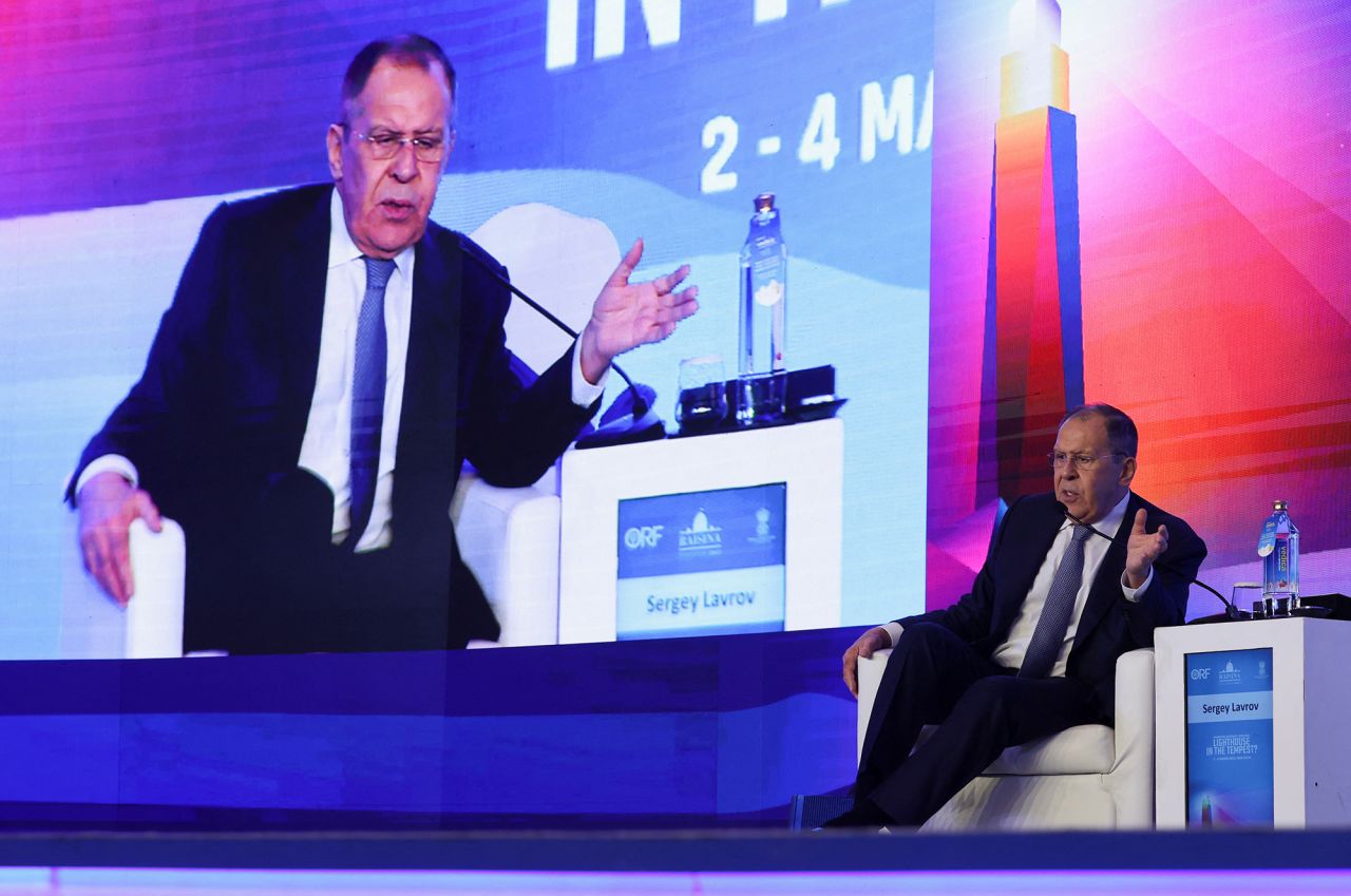 Russian Foreign Minister Sergey?Lavrov?speaks during the Raisina Dialogue 2023, in New Delhi, India, on March 3.