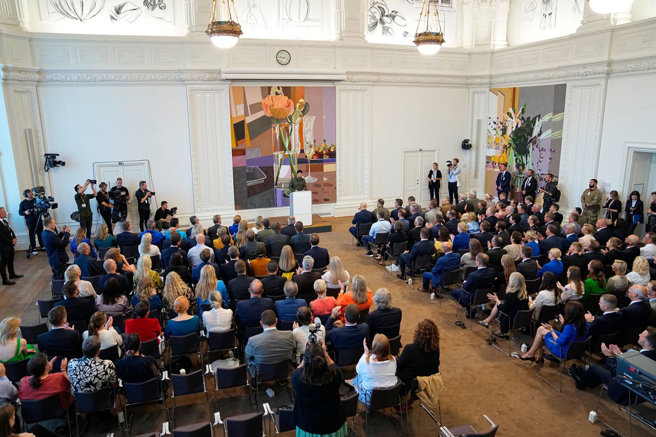 Ukrainian President Volodymyr Zelensky speaks to members of the Folketing, The Danish Parliament, in Christiansborg Palace, near Copenhagen, Denmark, on August 21.