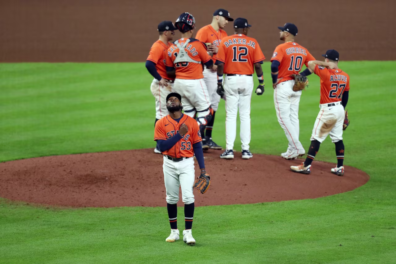 Cristian Javier of the Houston Astros reacts as he leaves the game in the seventh inning during Game 2.
