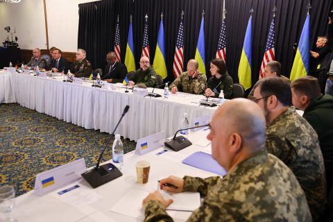 German Defence Minister Boris Pistorius, second left, meets with his U.S. counterpart, Secretary of Defense Lloyd Austin, fourth left, Ukraine's Defense Minister Oleksiy Reznikov, fifth left, and U.S. Chairman of the Joint Chiefs of Staff Gen. Mark A. Milley, third left, to discuss how to help Ukraine defend itself, at Ramstein Air Base, Germany, on January 20.