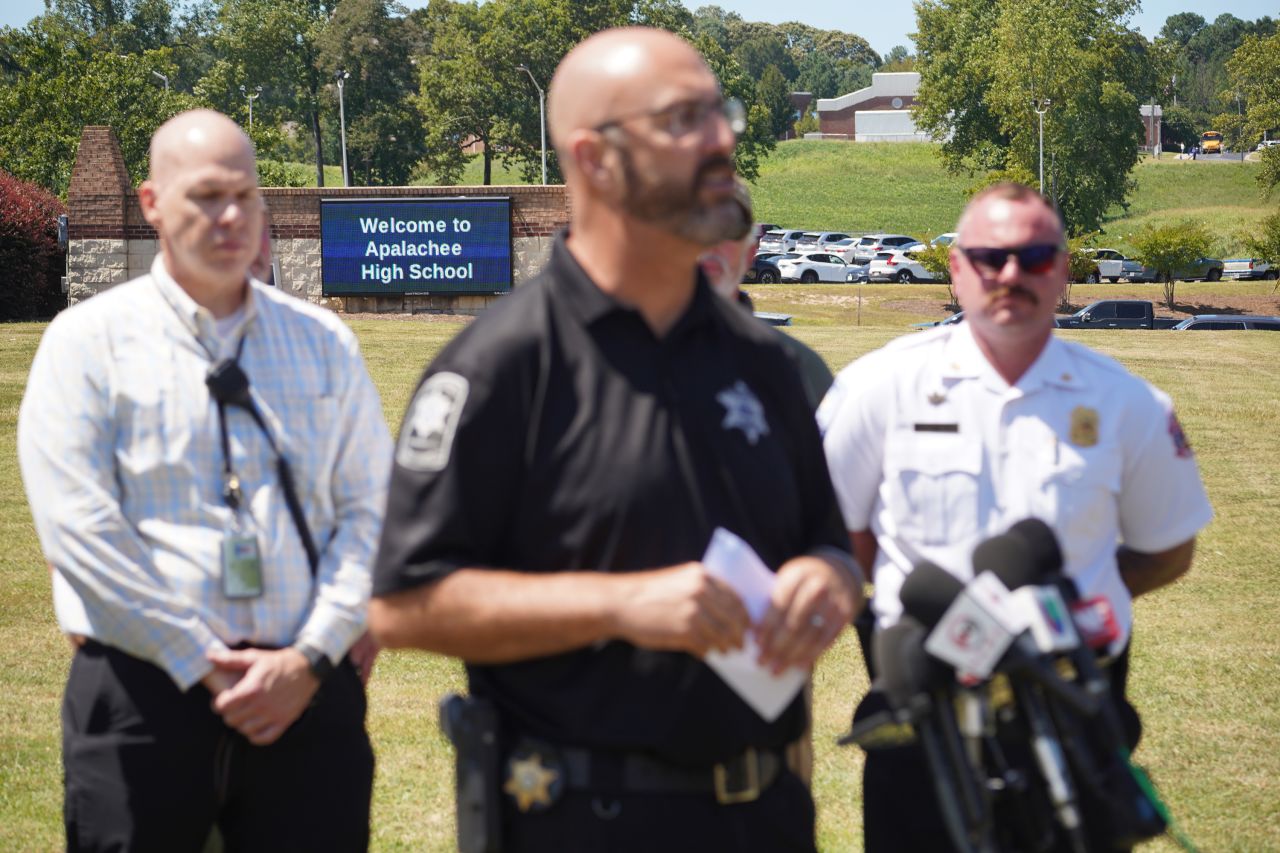 Barrow County Sheriff Jud Smith speaks to the media after a shooting at Apalachee High School in Winder, Georgia, on September 4.