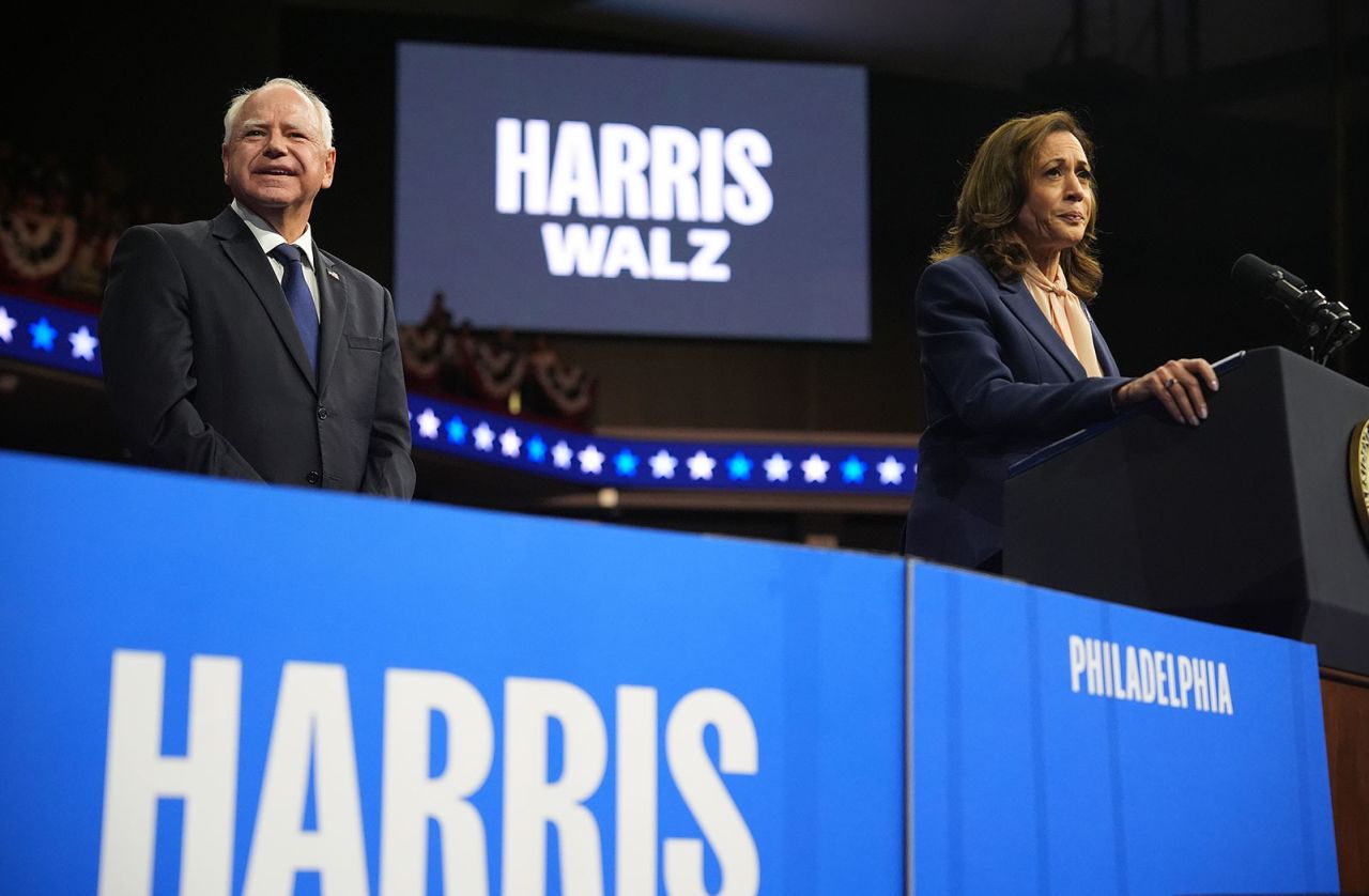 Democratic presidential candidate, Vice President Kamala Harris and Democratic vice presidential candidate Minnesota Gov. Tim Walz appear on stage r during a campaign event on Tuesday, August 6, in Philadelphia