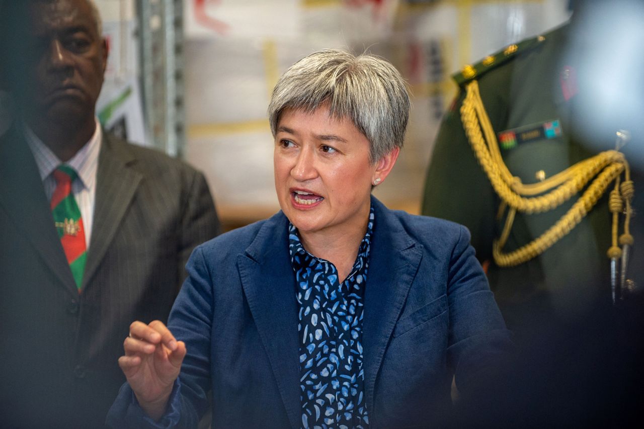 Australian Minister for Foreign Affairs Penny Wong speaks at a joint press conference during a visit to the Blackrock Peacekeeping and Humanitarian Assistance and Disaster Relief Camp in Fiji's Nadi on February 23.