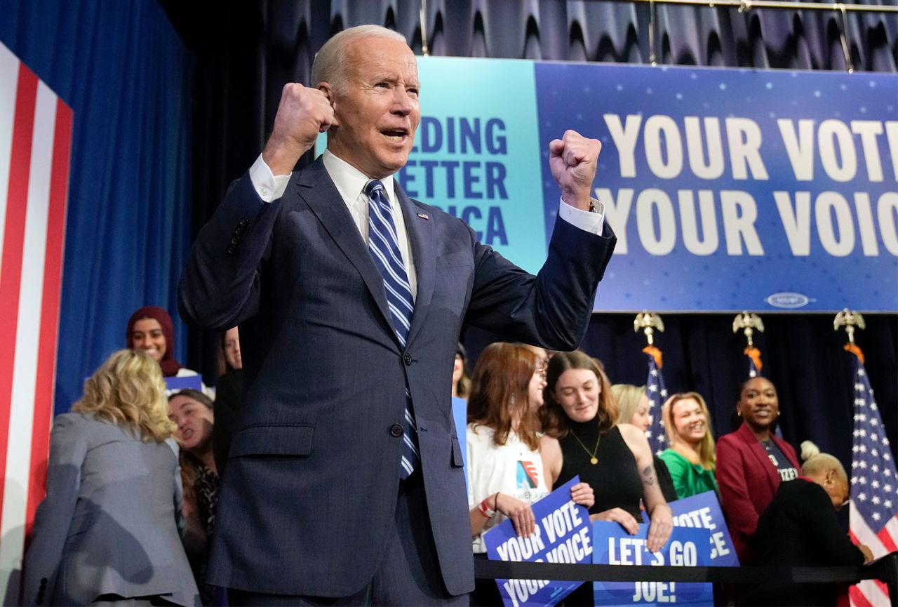 President Joe Biden gestures to the crowd as he leaves after speaking at Howard Theatre in Washington, DC, on Thursday. 