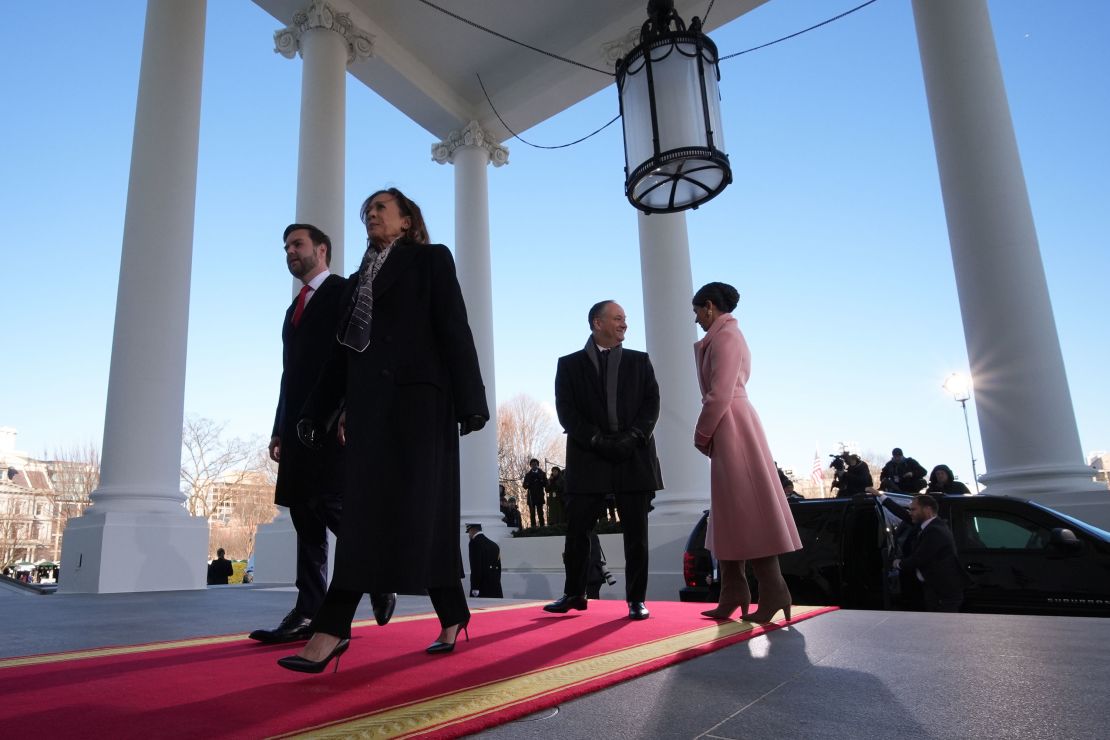 JD Vance, Vice President Kamala Harris, second gentleman Doug Emhoff and Usha Vance arrive for inauguration ceremonies at the White House on January 20, 2025.