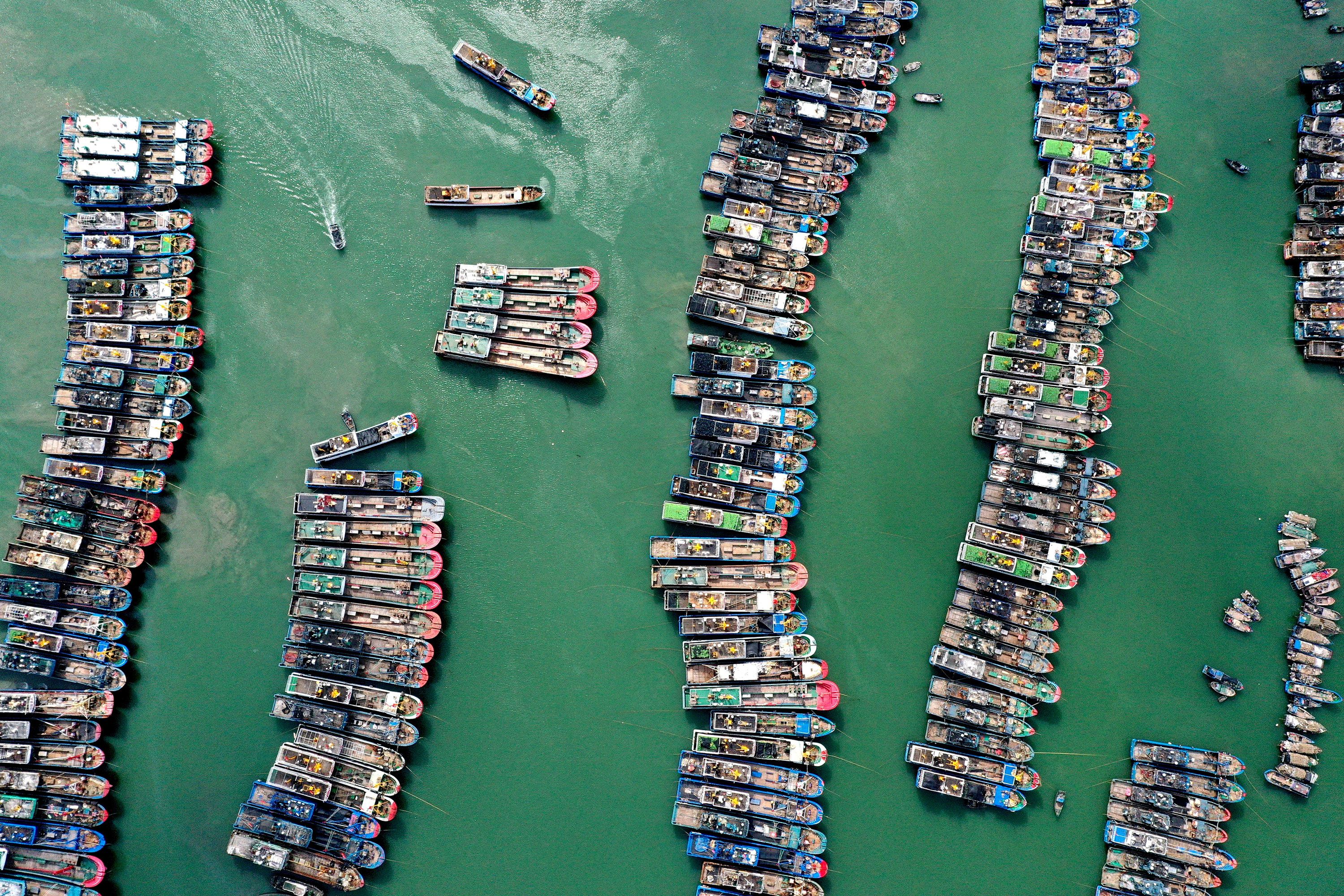 Fishing boats are moored at a port in Lianjiang County, China, as Typhoon Gaemi approached on Tuesday, July 23.