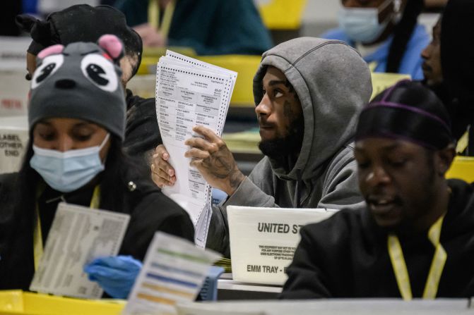 Workers process mail-in ballots at a warehouse on the outskirts of Philadelphia on Tuesday.