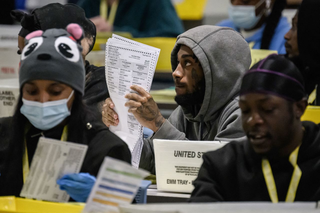 Election workers in Philadelphia County process mail-in ballots at a warehouse on the outskirts of Philadelphia on Tuesday.