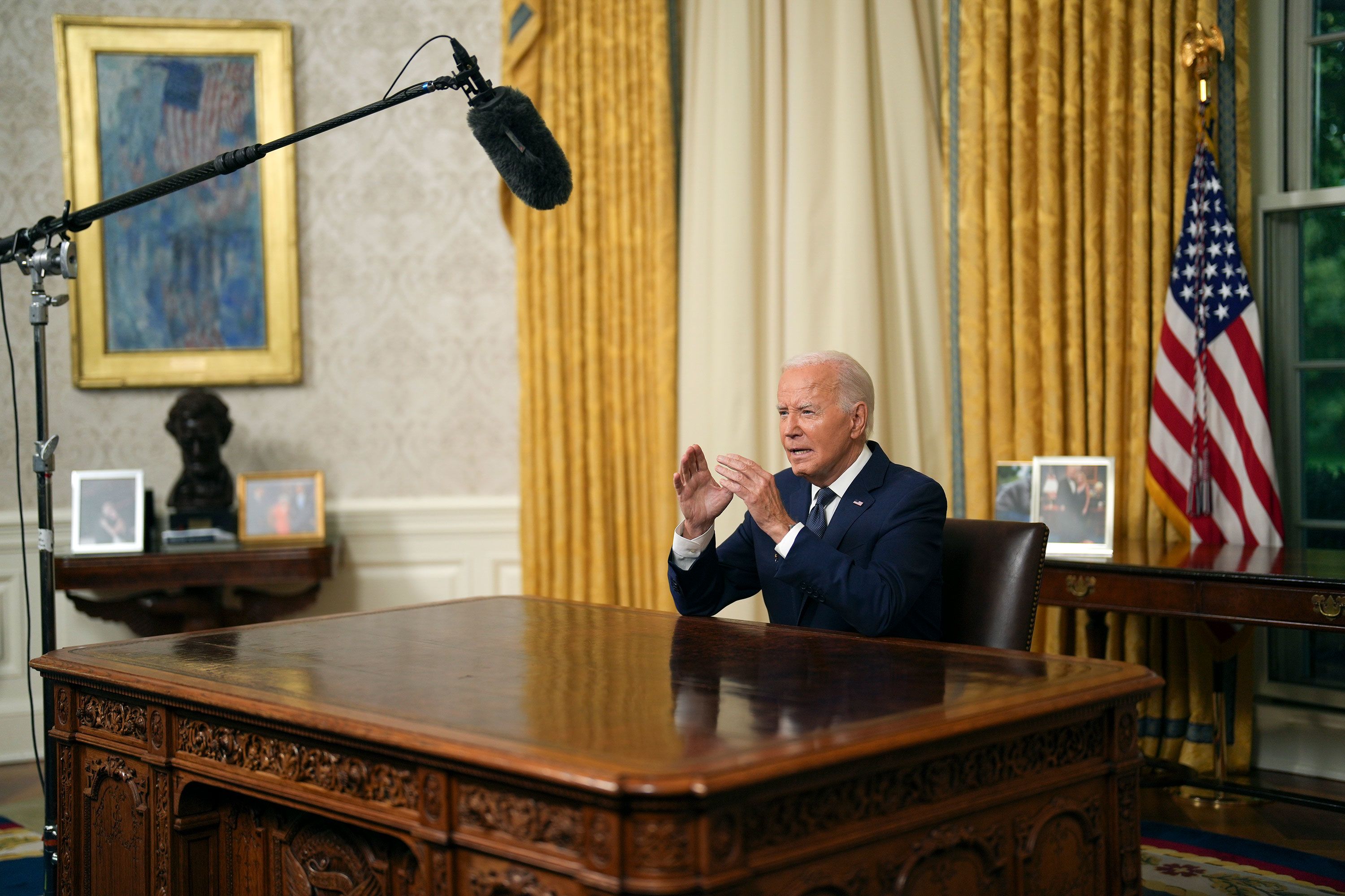 US President Joe Biden <a href="https://www.cnn.com/2024/07/14/politics/video/biden-speech-trump-assassination-attempt-digvid">addresses the nation</a> from the White House Oval Office on Sunday, July 14. A day after the attempted assassination of former President Donald Trump, Biden called on the country to “lower the temperature in our politics.”