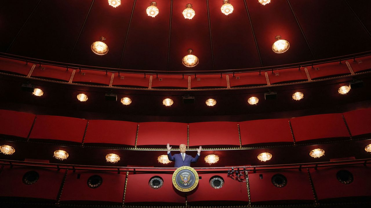President Donald Trump stands in the presidential box as he visits the John F. Kennedy Center for the Performing Arts in Washington, DC, on March 17.