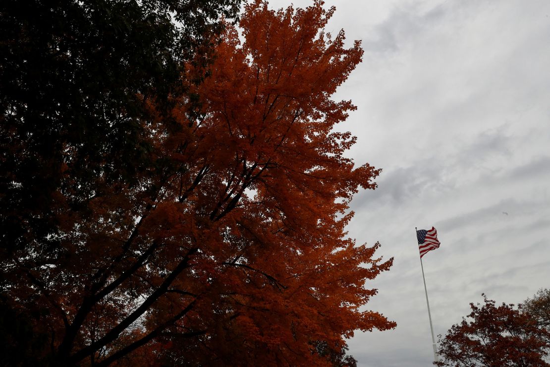 A US flag flutters in the wind on the University of Michigan campus in Ann Arbor, Michigan, in 2020.