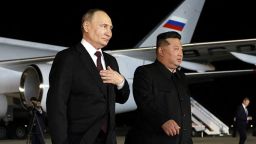 Russia's President Vladimir Putin is greeted by North Korea's leader Kim Jong Un during a welcoming ceremony at an airport in Pyongyang, North Korea June 19, 2024. Sputnik/Gavriil Grigorov/Pool via REUTERS ATTENTION EDITORS - THIS IMAGE WAS PROVIDED BY A THIRD PARTY.