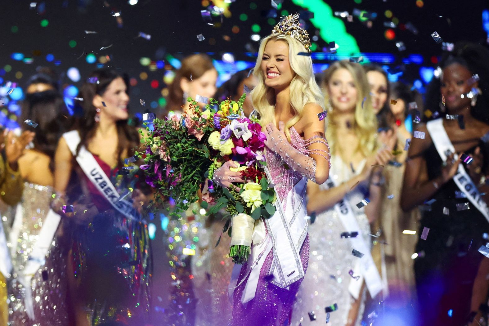 Denmark’s Victoria Kjaer Theilvig reacts after <a href="index.php?page=&url=https%3A%2F%2Fwww.cnn.com%2F2024%2F11%2F16%2Fstyle%2Fmiss-universe-2024-winner-denmark-intl-hnk%2Findex.html">she was crowned Miss Universe</a> during the beauty pageant in Mexico City on Saturday, November 16. She is the first Dane to ever win the competition.