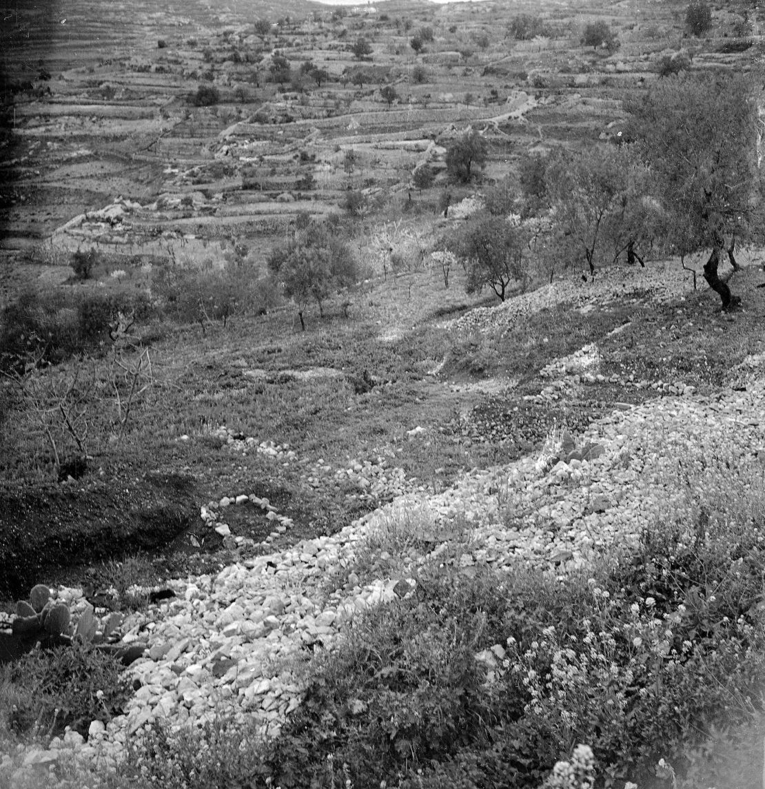 A mass grave where more than 100 victims of the Deir Yassin massacre were buried in April 1948. The round stone ring is a mass grave for women and the square one is for men.