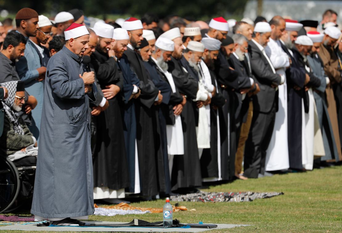 Imam Gamal Fouda leads Friday prayer at Hagley Park in Christchurch, New Zealand, on March 22, 2019, the week after a mass shooting at two mosques left 51 people dead.