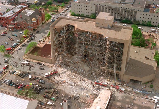 This aerial photo, taken on the day of the bombing, shows the damaged north side of the building.