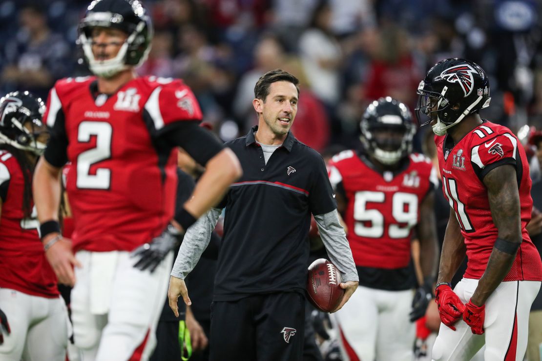 Shanahan, during his time as the Falcons' offensive coordinator, looks on prior to Super Bowl LI against the New England Patriots at NRG Stadium on February 5, 2017.