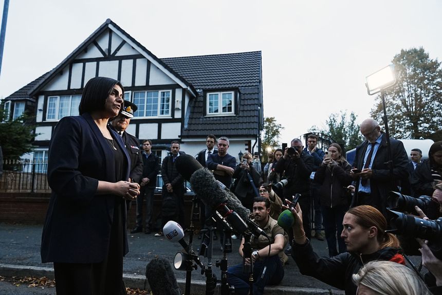 Home Secretary Shabana Mahmood speaking during a press conference near Heaton Park Hebrew Congregation synagogue in Crumpsall in Manchester, England, on Thursday.