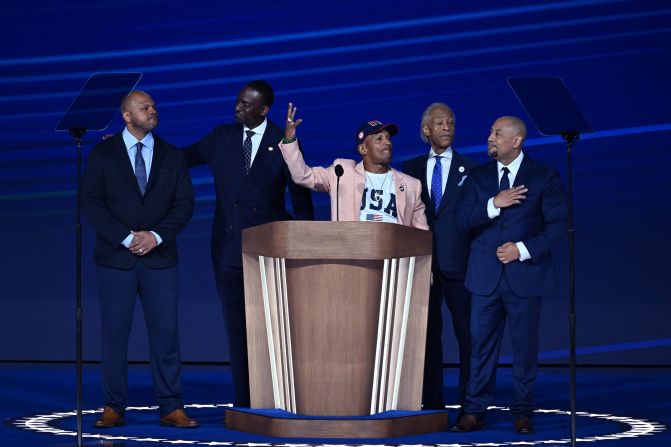 Four of the “Central Park Five” take the stage Thursday along with the Rev. Al Sharpton. From left are Kevin Richardson, Yusef Salaam, Korey Wise, Sharpton and Raymond Santana. The men were arrested in 1989 — when they were teenagers — in connection with the rape and assault of a white female jogger, and they were eventually convicted. They were exonerated in 2014. Long before he was president, Donald Trump took out an expensive full-page advertisement in four New York City newspapers calling for the return of the death penalty for the teenagers. He stood by the ad then, and he has stood by it during his political career, including as president, long after the men had been exonerated. “That man thinks that hate is?the animating force in America.?It is not,” <a >Salaam said</a>, issuing a call to action for people to vote for Harris.?“I want you to walk with us.?I want you to march with us.?I want you to vote with us.”