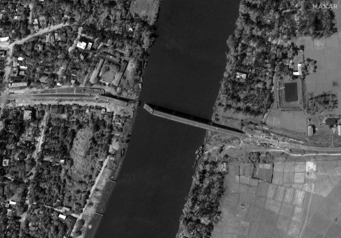 This satellite image shows a bridge in Buthidaung, Myanmar, on May 18, 2024. 
