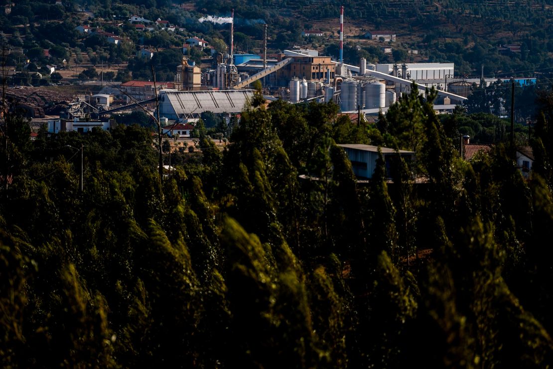 A paper mill near an expanse of eucalyptus forest at Constancia in Abrantes, central Portugal.