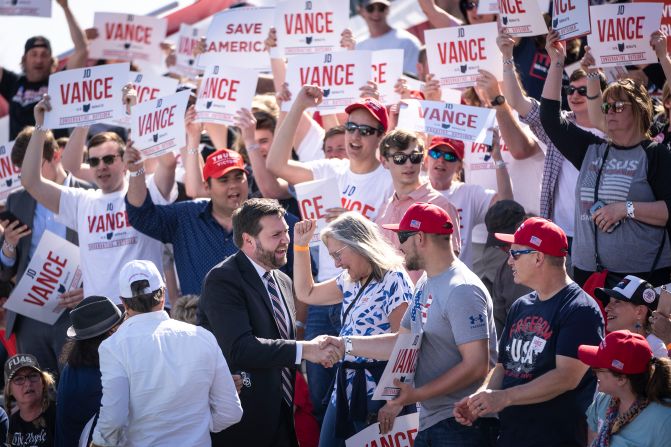 Vance greets supporters during a Trump rally in Delaware, Ohio, in April 2022. A week earlier, Trump announced that he was endorsing Vance in the Republican Senate primary.