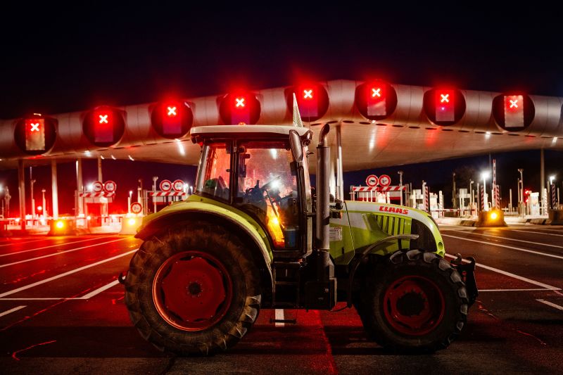 Protesting farmers blockade the A10 highway near the Peage de Saint-Arnoult-en-Yvelines toll gates southwest of Paris.
