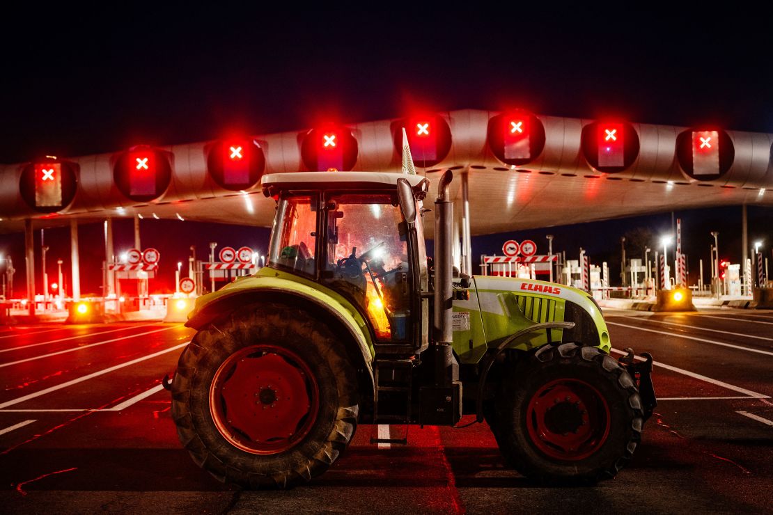 Protesting farmers blockade the A10 highway near the Peage de Saint-Arnoult-en-Yvelines toll gates southwest of Paris.