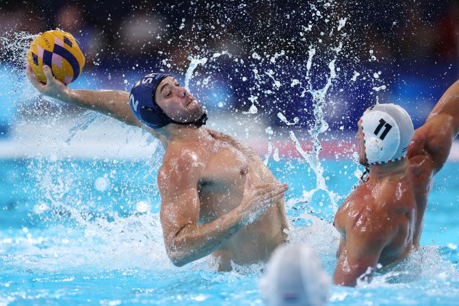 Serbia's Du?an Mandi? shoots during a water polo match against Hungary on August 5.