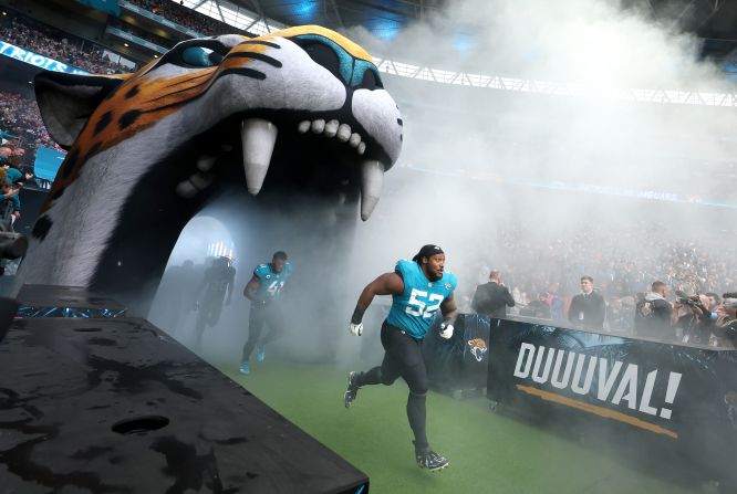 Jacksonville Jaguars defensive tackle DaVon Hamilton runs out of the tunnel prior to the game against the New England Patriots in London on October 20. The Jaguars won 32-16.