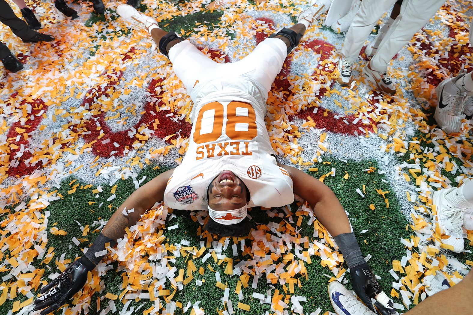 Texas wide receiver Freddie Dubose celebrates after the Longhorns defeated Arizona State in the Peach Bowl in Atlanta on Wednesday, January 1. <a href="index.php?page=&url=https%3A%2F%2Fwww.cnn.com%2F2025%2F01%2F01%2Fsport%2Farizona-state-texas-peach-bowl-spt%2Findex.html">Texas won 39-31 in double overtime</a> to advance to the semifinals of the College Football Playoff.