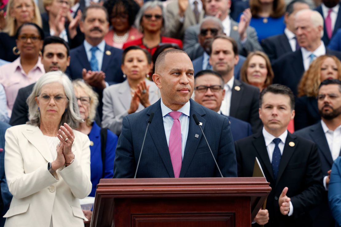House Minority Leader Hakeem Jeffries is joined by fellow Democrats as he speaks against the bill at a press conference outside of the US Capitol on Wednesday.