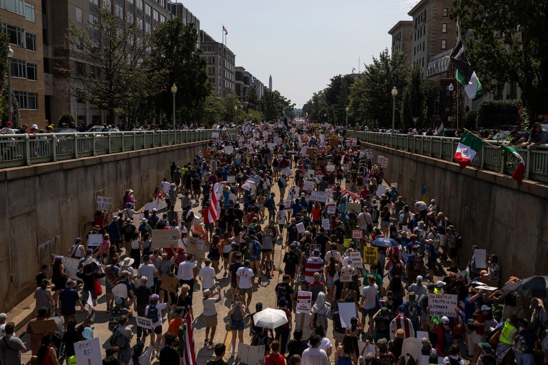Demonstrators march from Meridian Hill Park to Freedom Plaza during the 'We Are All DC: A National March' in Washington, DC, on September 6, 2025.