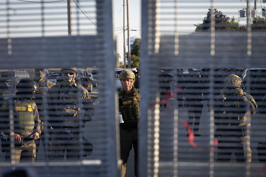 US Border Patrol Chief Greg Bovino leads agents as they confront demonstrators outside the Broadview ICE processing facility, on September 27.