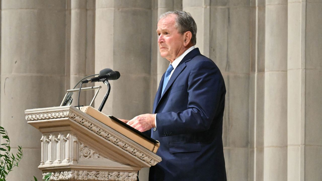 Former US President George W. Bush speaks during the funeral service for late US Vice President Dick Cheney at the Washington National Cathedral in Washington, DC, on November 20, 2025. Dick Cheney, celebrated as a master Republican strategist but defined by the darkest chapters of America's "War on Terror," was honored Thursday in a funeral attended by Washington's elite that pointedly left out President Donald Trump. (Photo by SAUL LOEB / AFP) (Photo by SAUL LOEB/AFP via Getty Images)          