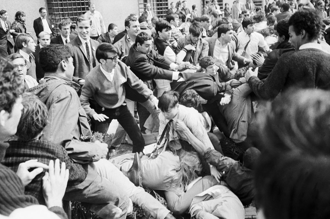 Students supporting the Columbia University sit-in and counter-demonstrators engage in a short-lived free-for-all outside Low Library at Columbia University on April 29, 1968. The counter-demonstrators sealed off Low, and other buildings occupied by demonstrating students, in an effort to cut off the students inside from food and prevent other students from getting in.