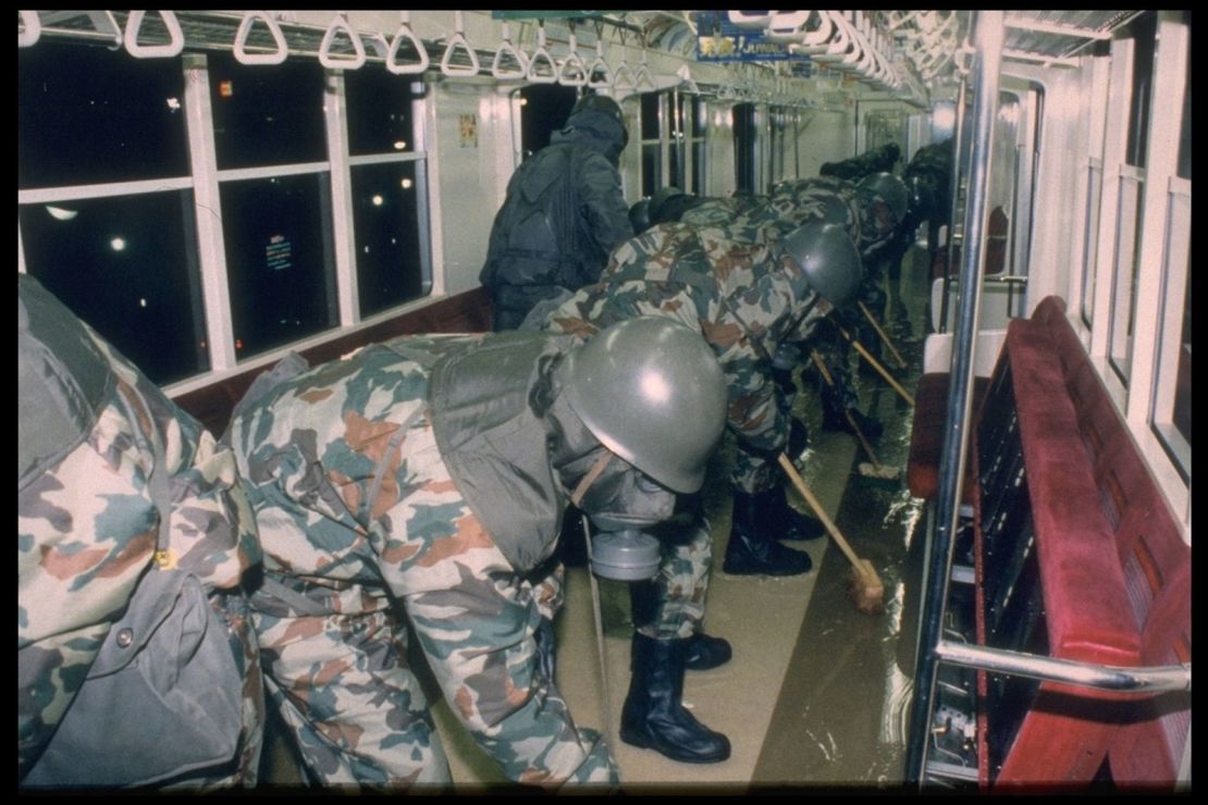 Soldiers clean out a Tokyo subway following the 1995 sarin attack.