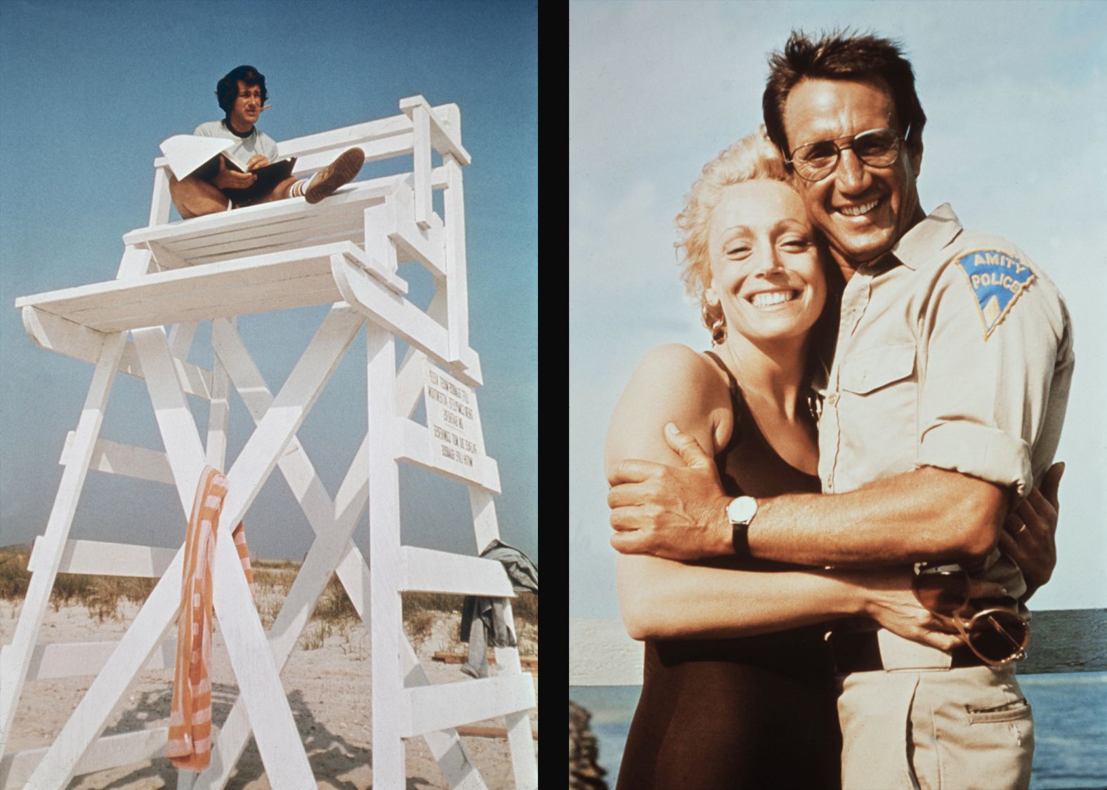 Left: Spielberg directs from a lifeguard chair. Right: Lorraine Gary and Scheider embrace. Gary played Scheider's character's wife, Ellen.