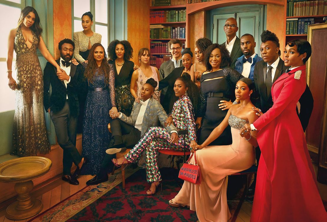 From left: Regina Hall, Donald Glover, Tracee Ellis Ross, Ava DuVernay, Sarah Jones, Rashida Jones, Lena Waithe, Dr. Ivara Esege, Marianne Jean-Baptiste, Angela Bassett, Chimamanda Ngozi Adichie, Shonda Rhimes, Mark Bradford, DeRay Mckesson, Gabrielle Union, Chuck Lightning, and Janelle Monáe, photographed in 2018.