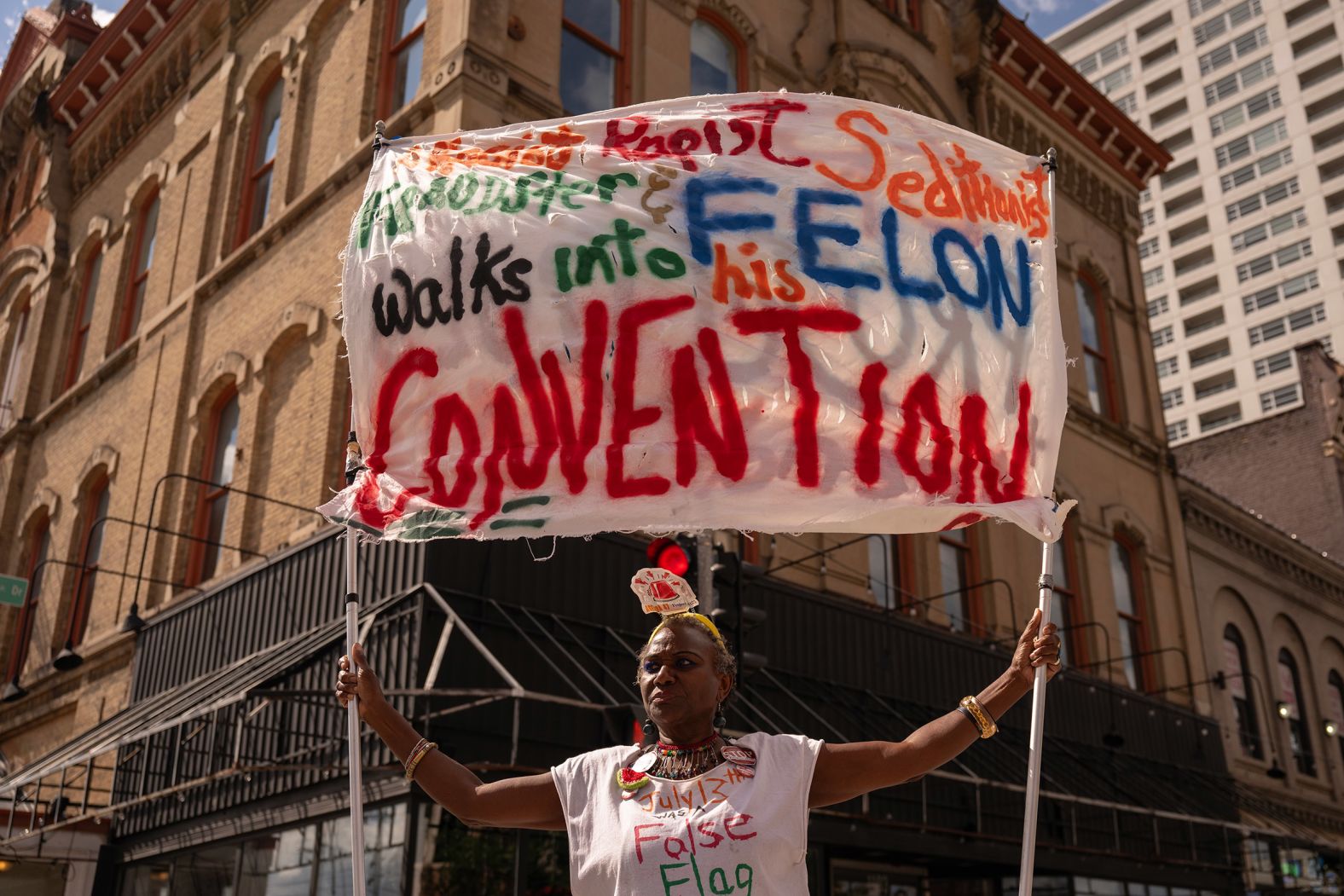 Anti-Trump protester Nadine Seiler demonstrates outside the convention on Wednesday.