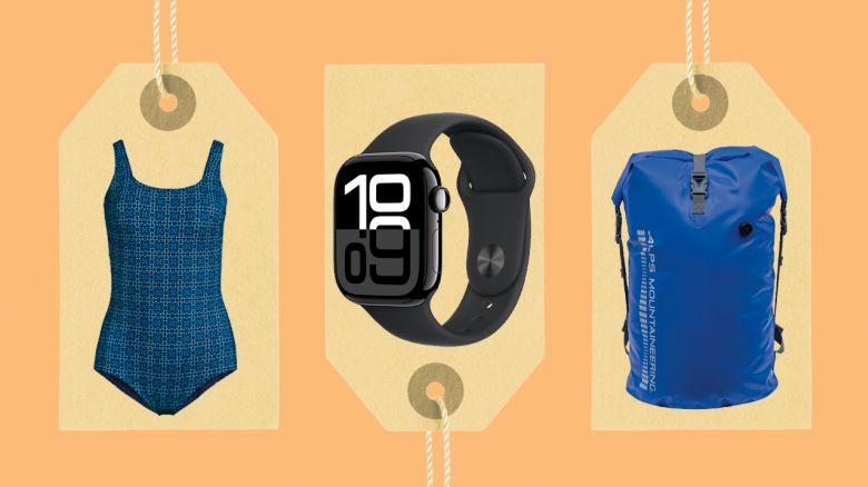 Lands' End blue one piece, Apple Watch 10 and a blue dry bag from REI on an orange background. Each is in front of a price tag.