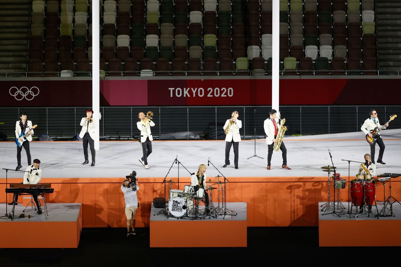 The Tokyo Ska Paradise Orchestra performs during the closing ceremony.