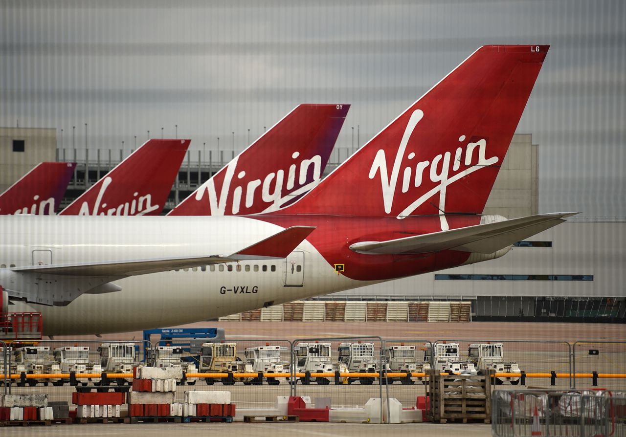 Virgin Atlantic Airline planes are pictured at the apron at Manchester airport in northwest England, on June 8.