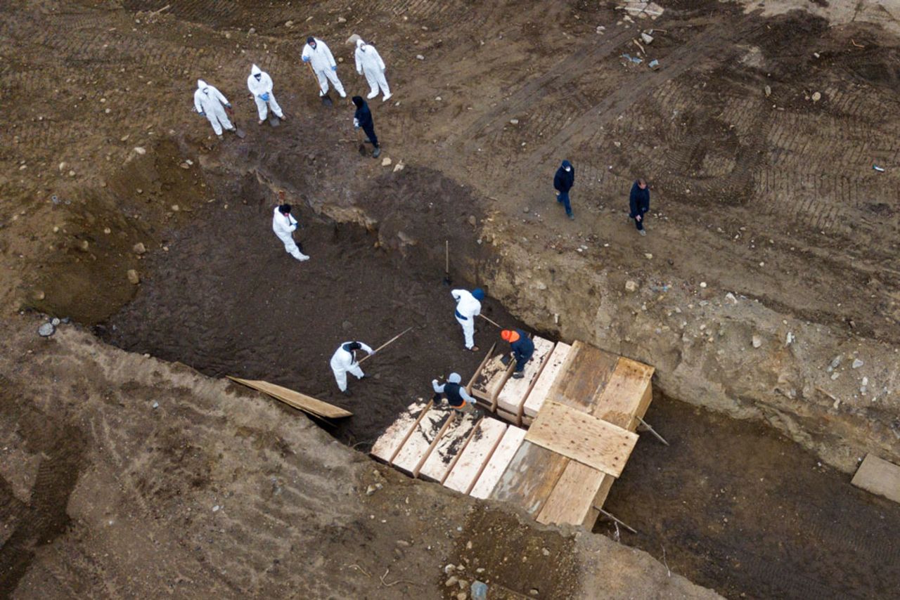 Drone pictures show bodies being buried on New York's Hart Island where the department of corrections is dealing with more burials overall, amid the coronavirus disease outbreak in New York City, on April 9.