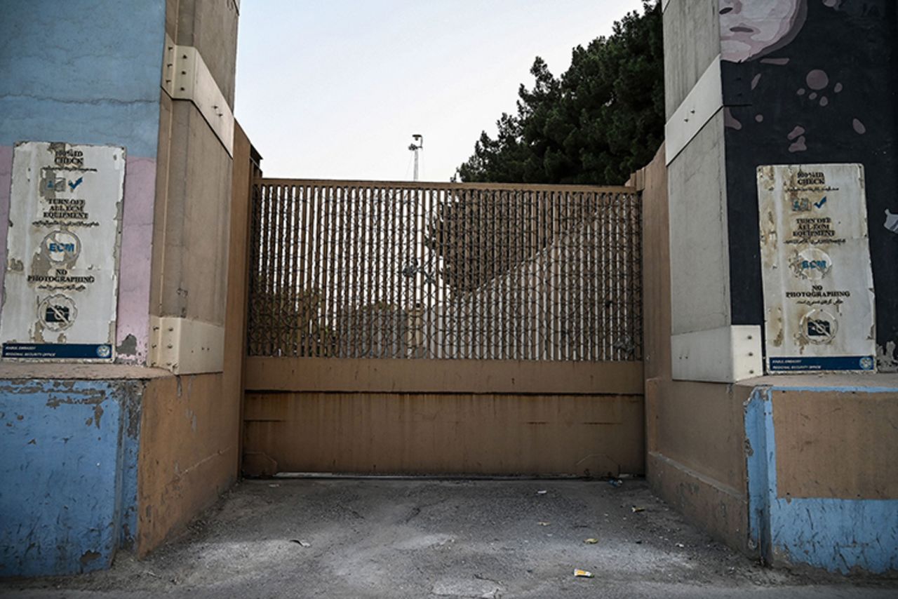 The closed entrance gate of the US Embassy is pictured after the US evacuated its personnel in Kabul on August 15. 