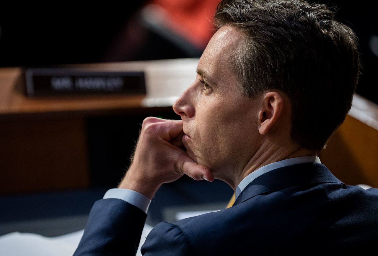 Sen. Josh Hawley listens during opening statements on March 21.