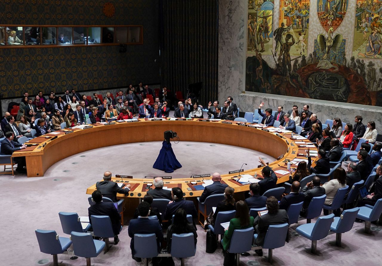 Members of the United Nations Security Council vote on a proposal to demand that Israel and Hamas allow aid access to Gaza via land, sea and air routes, and set up UN monitoring of the humanitarian assistance delivered, during a meeting at the UN headquarters in New York on December 22, 2023.