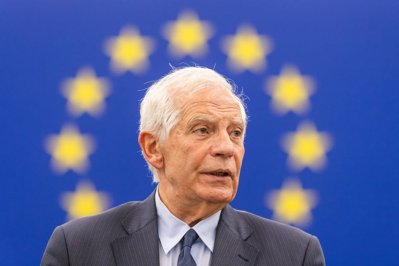 Josep Borrell, EU High Representative for Foreign Affairs and Security Policy, speaks at the lectern in the European Parliament building in Strasbourg, France, on October 18.