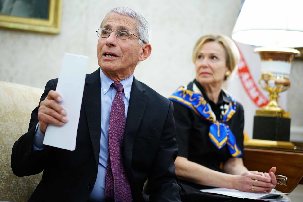 Dr. Anthony Fauci speaks next to Response coordinator for White House Coronavirus Task Force Deborah Birx during a meeting with President Donald Trump at the White House on April 29.