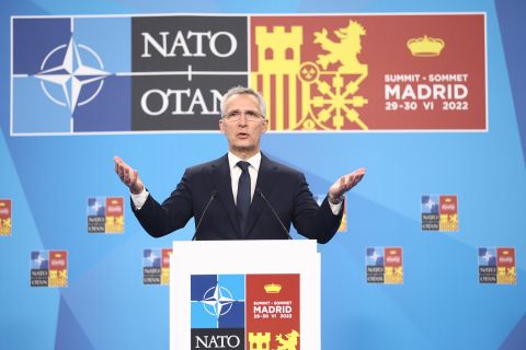 NATO Secretary General Jens Stoltenberg addresses a press conference on the second and final day of the NATO 2022 Summit at the IFEMA Trade Fair Center, Madrid, Spain, on June 30.